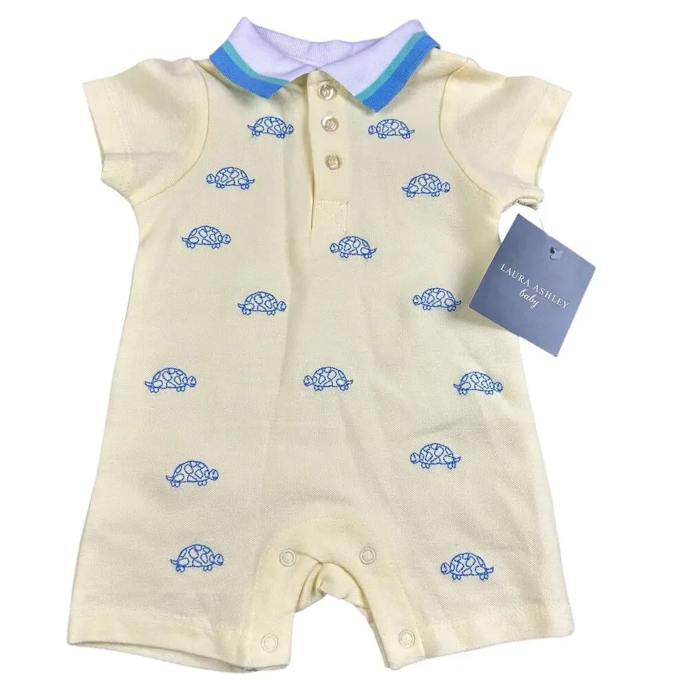 Laura Ashley Baby Romper 3-6 Months Yellow Blue White Turtle Collared One Piece
